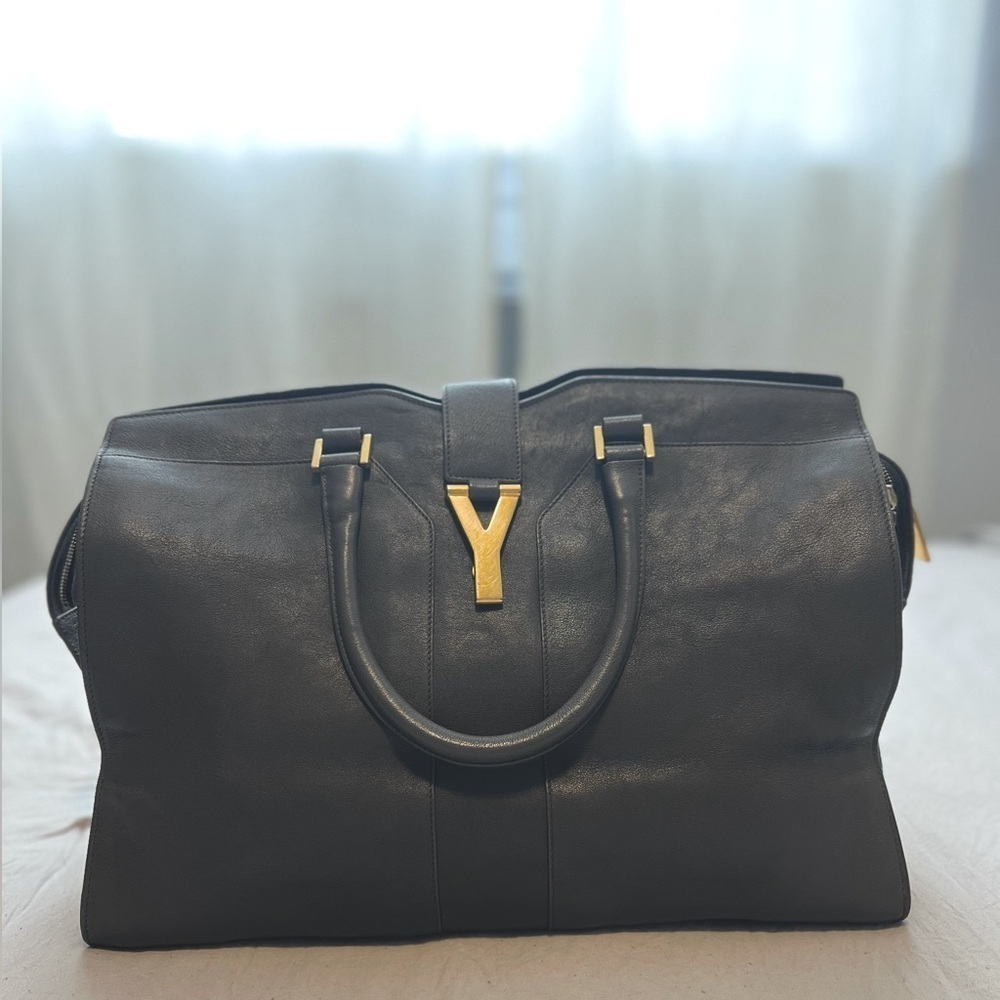 Yves Saint Laurent Black Leather Tote with Gold Accent